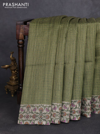 Art chanderi saree sap green and beige with allover checked pattern and printed border