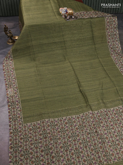 Art chanderi saree sap green and beige with allover checked pattern and printed border