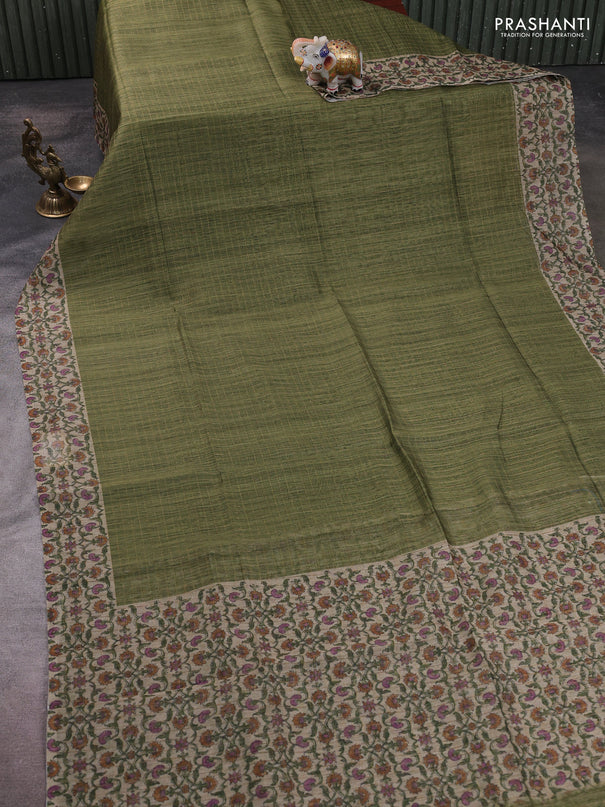 Art chanderi saree sap green and beige with allover checked pattern and printed border
