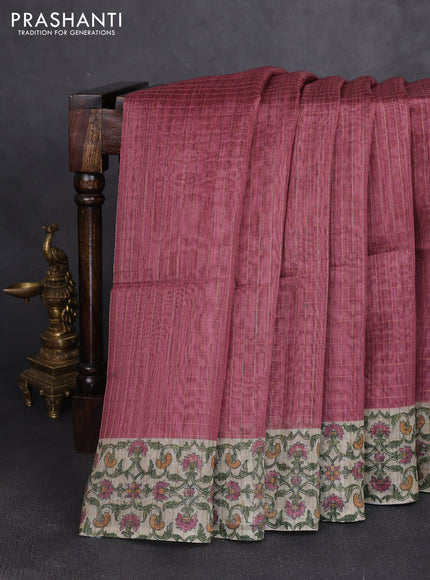 Art chanderi saree pastel maroon and beige with allover checked pattern and printed border