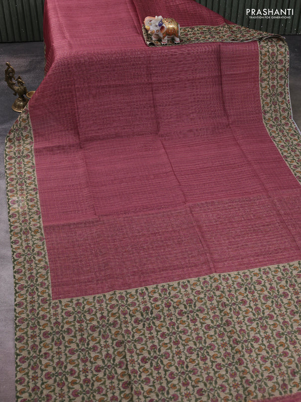 Art chanderi saree pastel maroon and beige with allover checked pattern and printed border