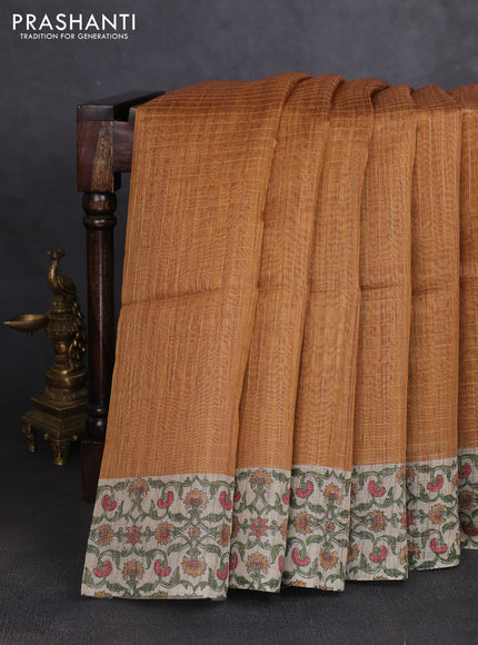 Art chanderi saree mustard yellow and beige with allover checked pattern and printed border