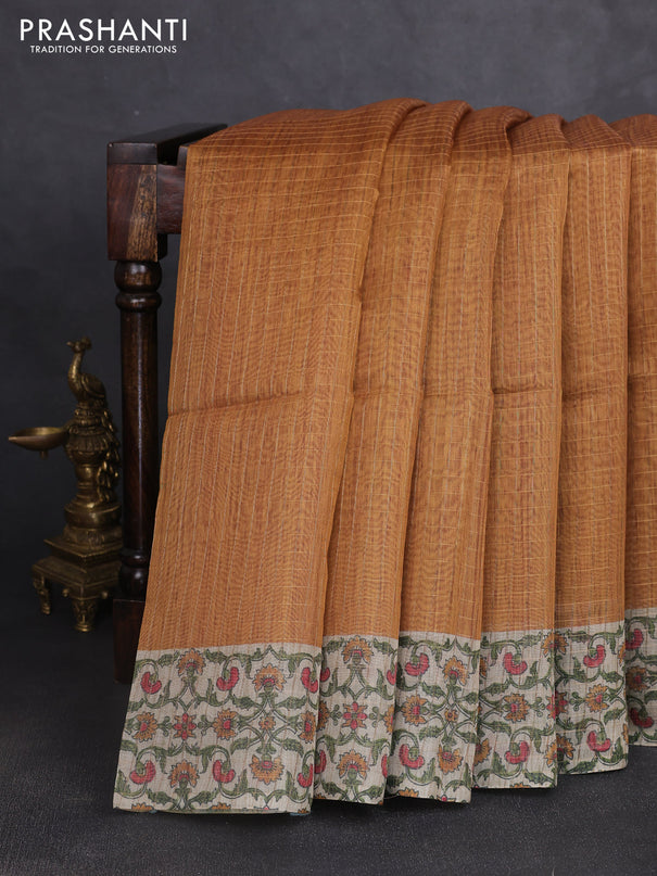 Art chanderi saree mustard yellow and beige with allover checked pattern and printed border
