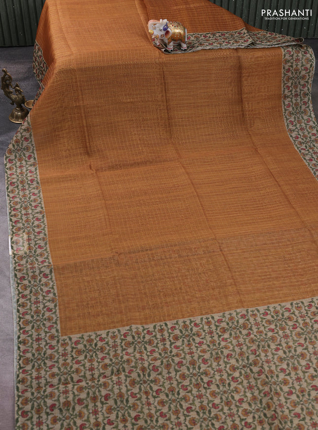 Art chanderi saree mustard yellow and beige with allover checked pattern and printed border