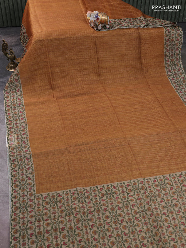 Art chanderi saree mustard yellow and beige with allover checked pattern and printed border