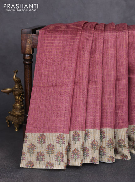 Art chanderi saree pastel maroon and beige with allover checked pattern and printed border