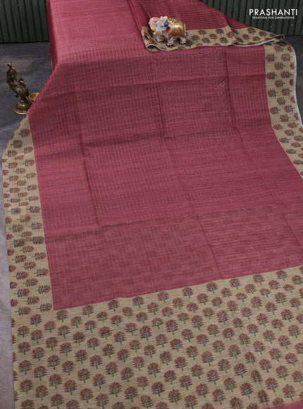 Art chanderi saree pastel maroon and beige with allover checked pattern and printed border