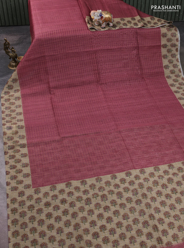Art chanderi saree pastel maroon and beige with allover checked pattern and printed border