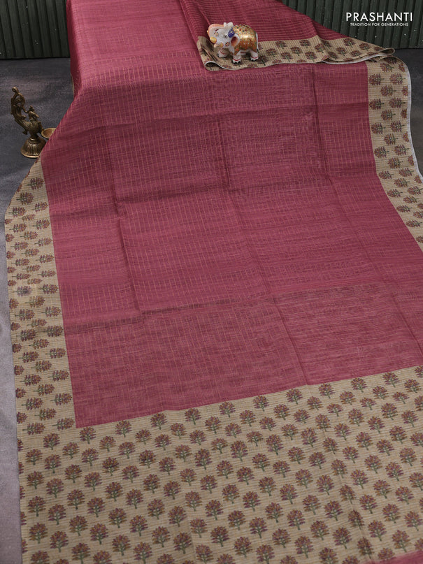 Art chanderi saree pastel maroon and beige with allover checked pattern and printed border
