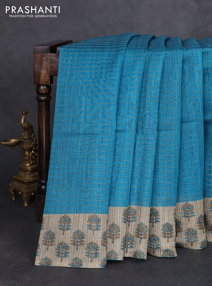 Art chanderi saree teal blue and beige with allover checked pattern and printed border