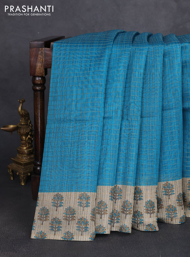 Art chanderi saree teal blue and beige with allover checked pattern and printed border