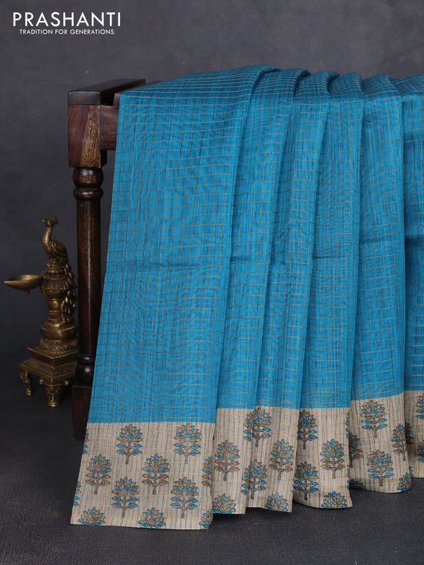 Art chanderi saree teal blue and beige with allover checked pattern and printed border