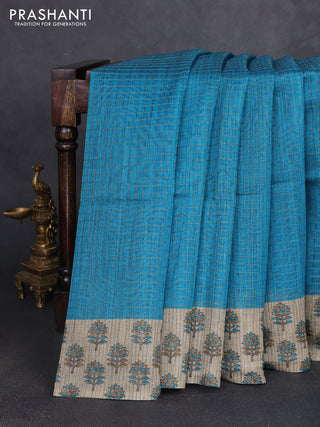 Art chanderi saree teal blue and beige with allover checked pattern and printed border