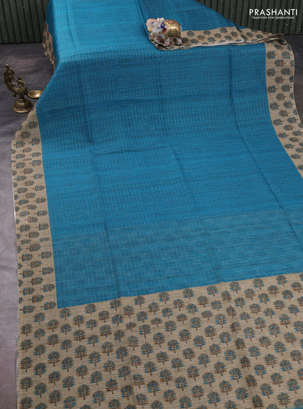 Art chanderi saree teal blue and beige with allover checked pattern and printed border