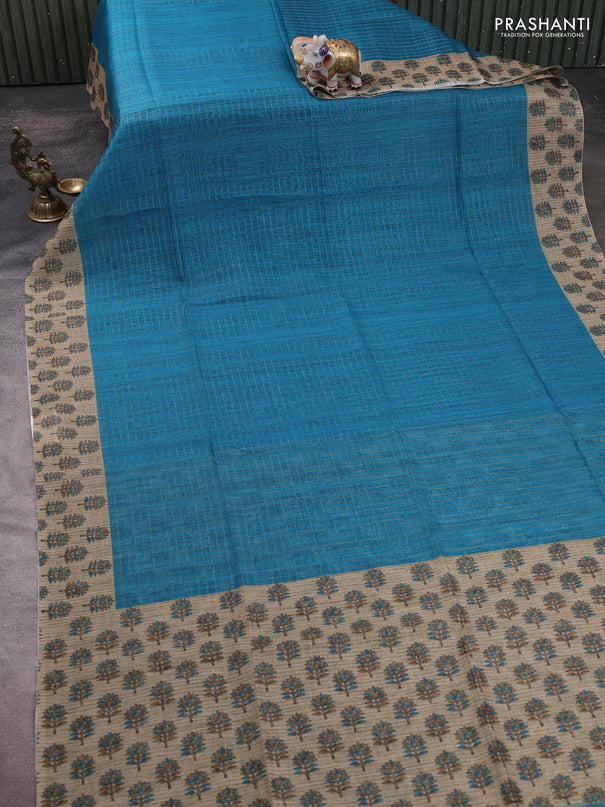 Art chanderi saree teal blue and beige with allover checked pattern and printed border