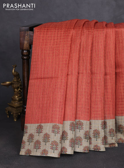 Art chanderi saree rustic orange and beige with allover checked pattern and printed border
