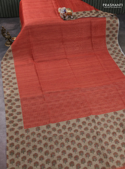 Art chanderi saree rustic orange and beige with allover checked pattern and printed border