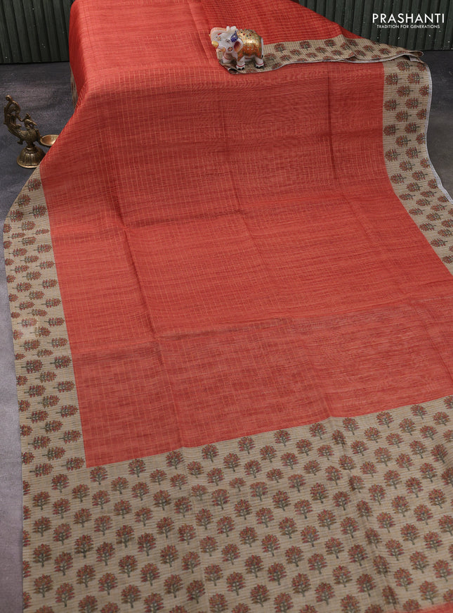 Art chanderi saree rustic orange and beige with allover checked pattern and printed border