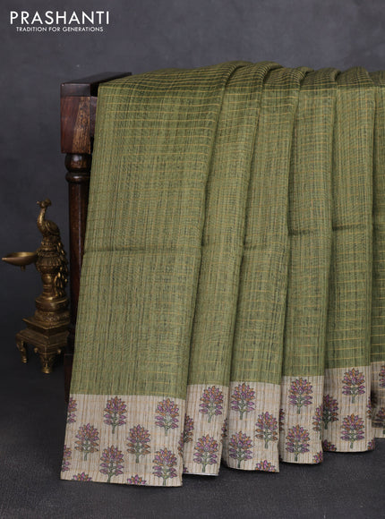 Art chanderi saree sap green and beige with allover checked pattern and printed border