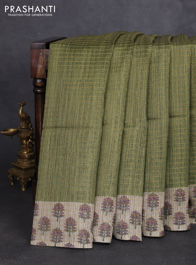 Art chanderi saree sap green and beige with allover checked pattern and printed border