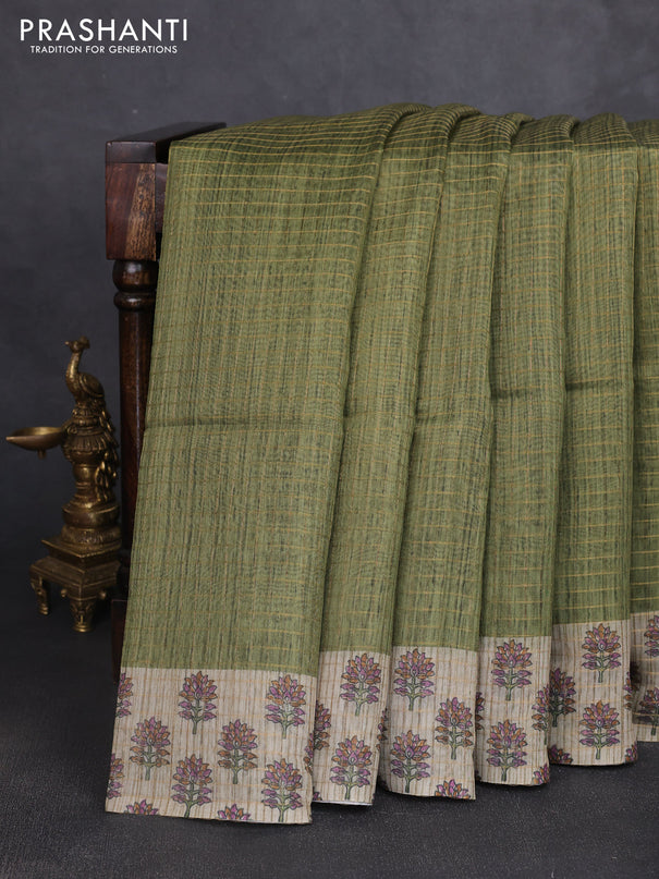 Art chanderi saree sap green and beige with allover checked pattern and printed border