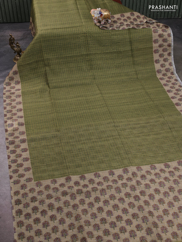 Art chanderi saree sap green and beige with allover checked pattern and printed border