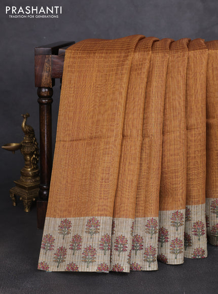Art chanderi saree mustard yellow and beige with allover checked pattern and printed border