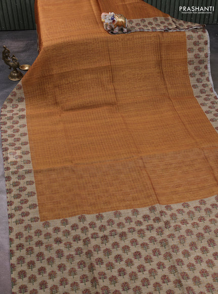 Art chanderi saree mustard yellow and beige with allover checked pattern and printed border