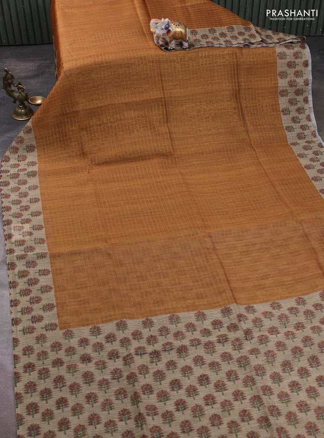 Art chanderi saree mustard yellow and beige with allover checked pattern and printed border