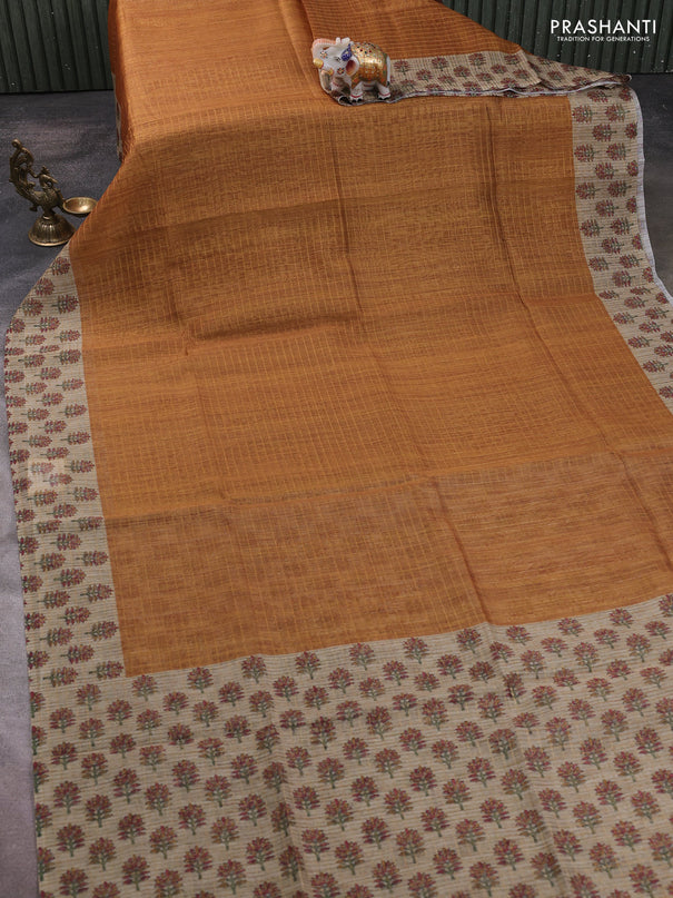 Art chanderi saree mustard yellow and beige with allover checked pattern and printed border