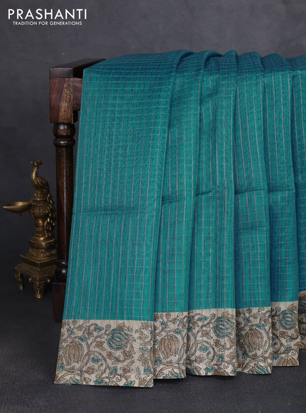 Art chanderi saree teal blue and beige with allover checked pattern and printed border