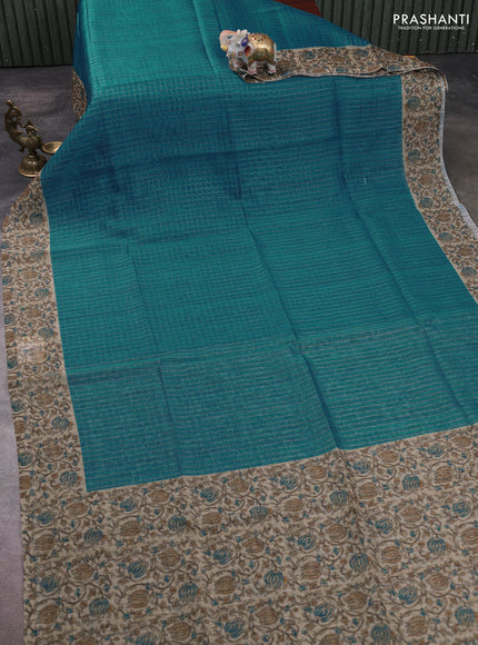 Art chanderi saree teal blue and beige with allover checked pattern and printed border