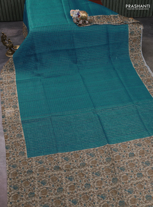 Art chanderi saree teal blue and beige with allover checked pattern and printed border
