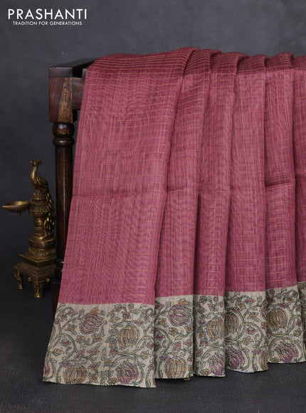 Art chanderi saree pastel maroon and beige with allover checked pattern and printed border