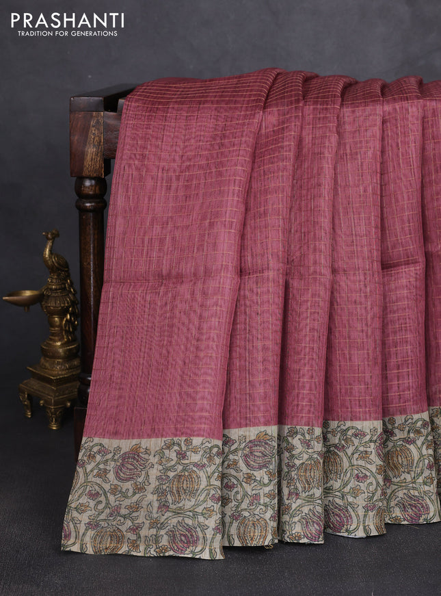 Art chanderi saree pastel maroon and beige with allover checked pattern and printed border