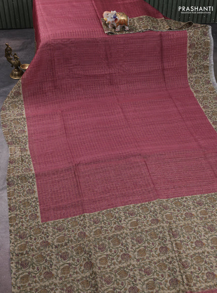 Art chanderi saree pastel maroon and beige with allover checked pattern and printed border