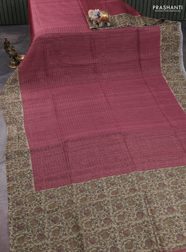 Art chanderi saree pastel maroon and beige with allover checked pattern and printed border