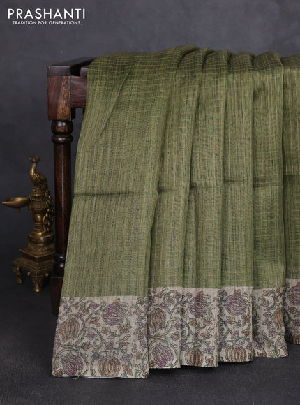 Art chanderi saree sap green and beige with allover checked pattern and printed border
