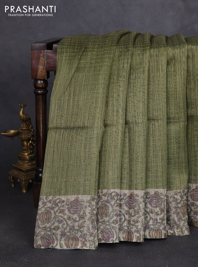 Art chanderi saree sap green and beige with allover checked pattern and printed border