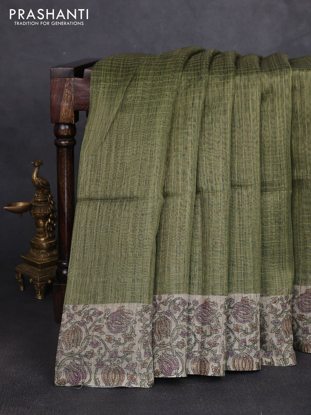 Art chanderi saree sap green and beige with allover checked pattern and printed border