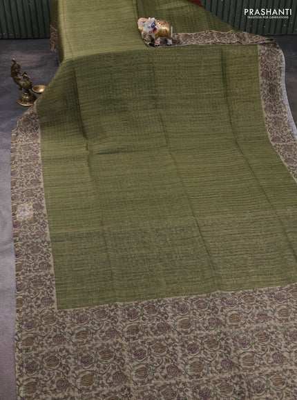 Art chanderi saree sap green and beige with allover checked pattern and printed border