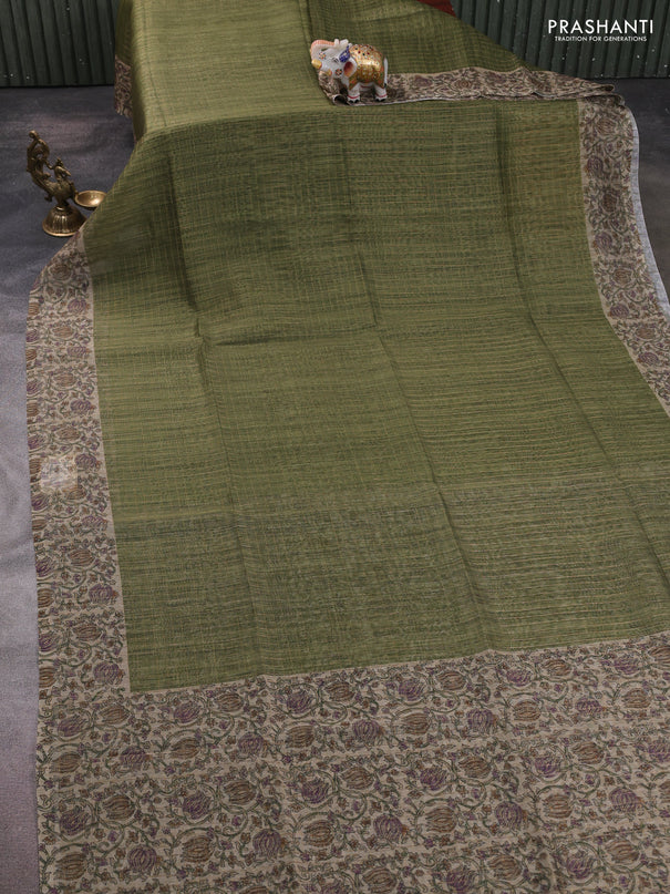 Art chanderi saree sap green and beige with allover checked pattern and printed border