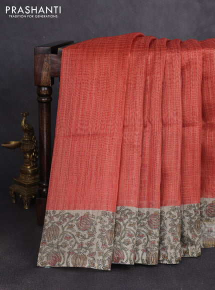 Art chanderi saree rust shade and beige with allover checked pattern and printed border