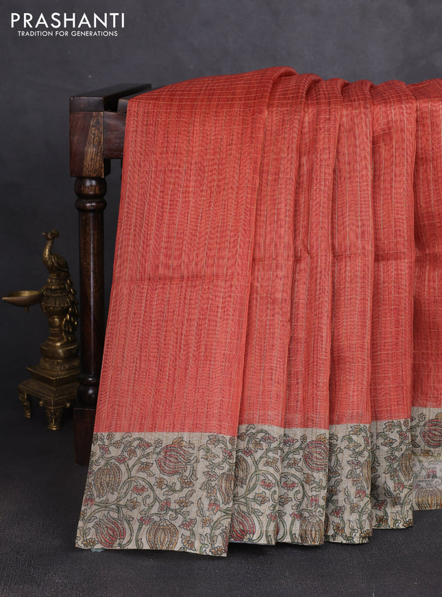 Art chanderi saree rust shade and beige with allover checked pattern and printed border