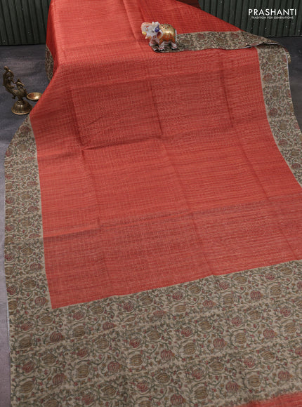 Art chanderi saree rust shade and beige with allover checked pattern and printed border