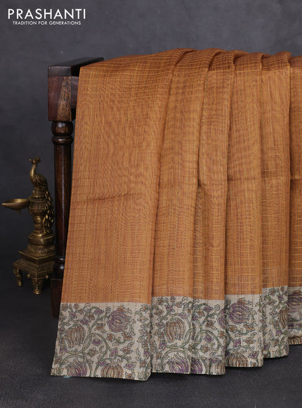 Art chanderi saree mustard yellow and beige with allover checked pattern and printed border
