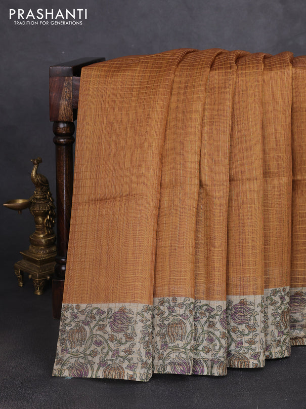 Art chanderi saree mustard yellow and beige with allover checked pattern and printed border