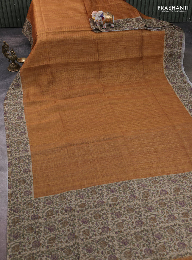 Art chanderi saree mustard yellow and beige with allover checked pattern and printed border