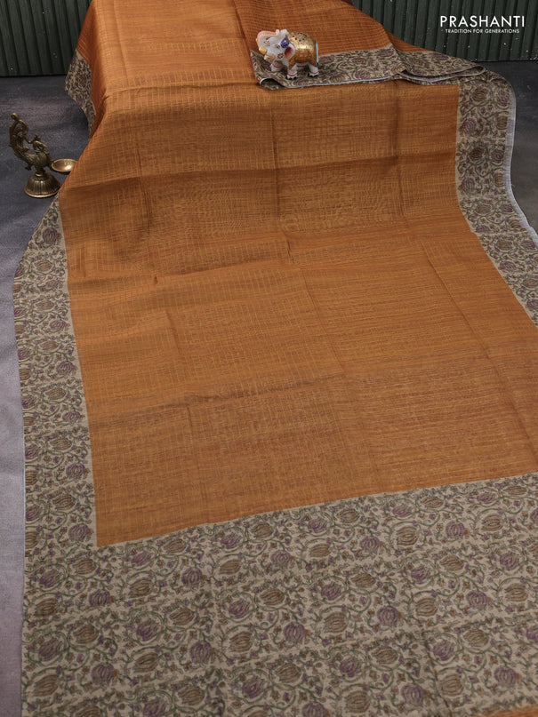 Art chanderi saree mustard yellow and beige with allover checked pattern and printed border