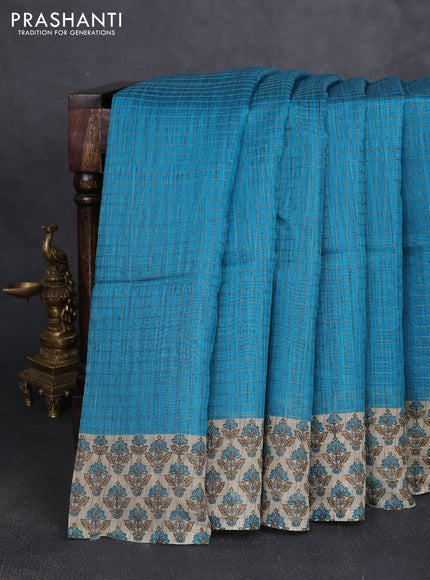 Art chanderi saree teal blue and beige with allover checked pattern and printed border